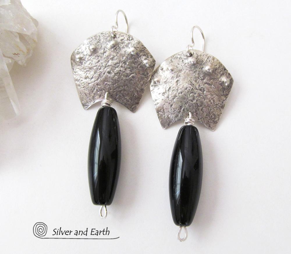 Sterling Silver Egyptian Earrings with Onyx Gemstones - Bold Exotic Jewelry