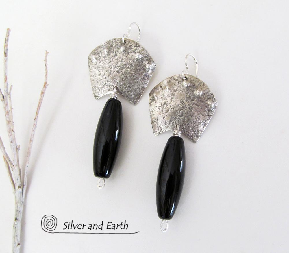 Sterling Silver Egyptian Earrings with Onyx Gemstones - Bold Exotic Jewelry