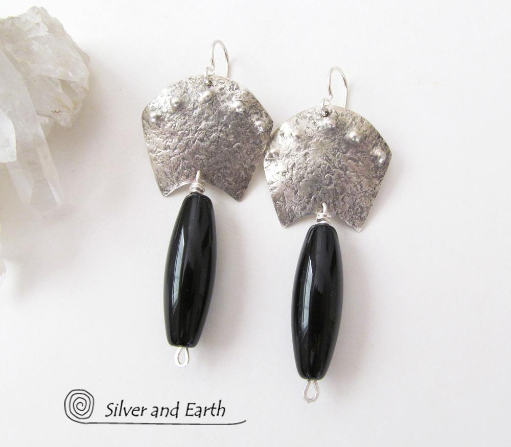 Sterling Silver Egyptian Earrings with Onyx Gemstones - Bold Exotic Jewelry