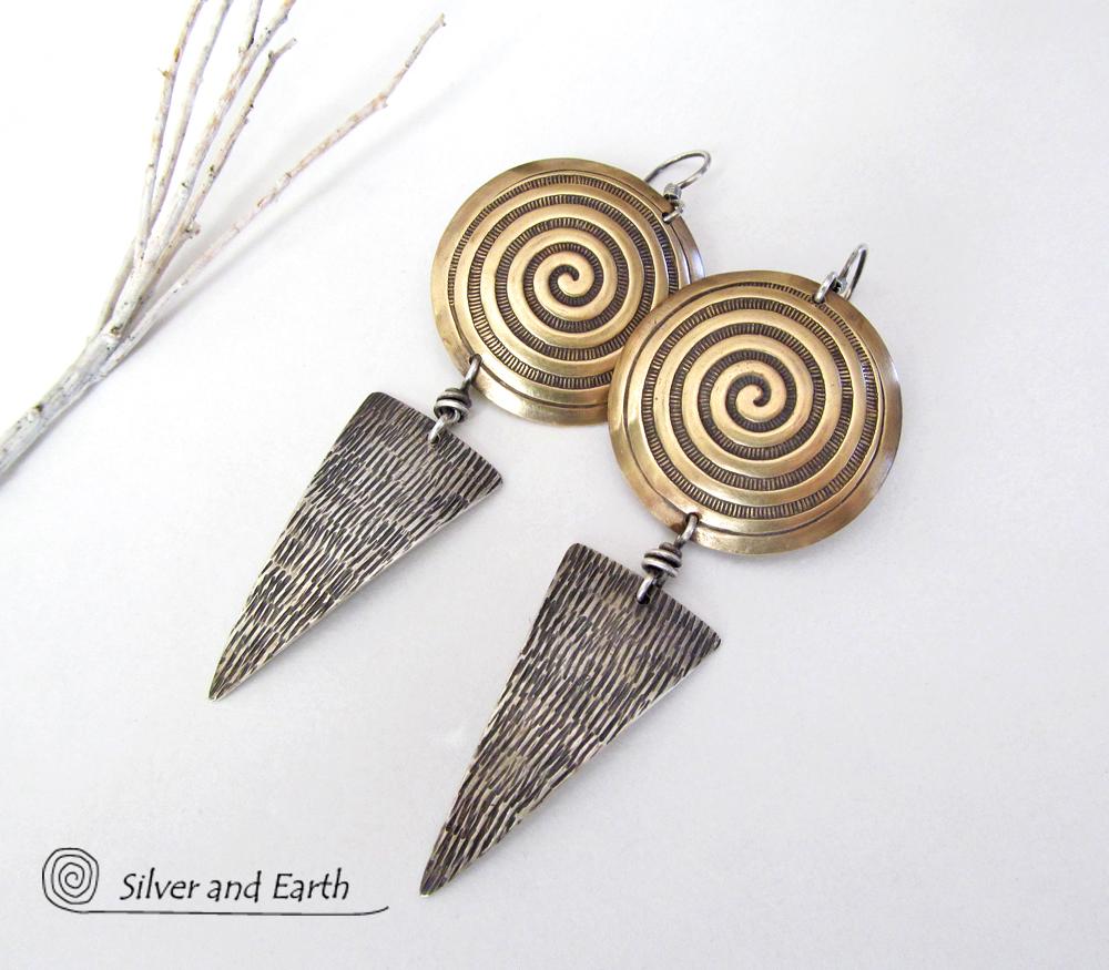 Sterling Silver & Brass Earrings with Spiral Design -Contemporary Modern Jewelry