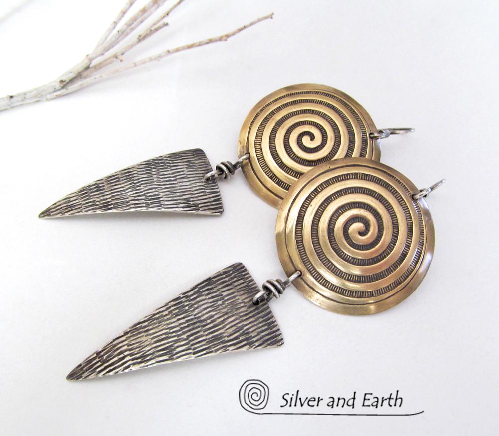 Sterling Silver & Brass Earrings with Spiral Design -Contemporary Modern Jewelry