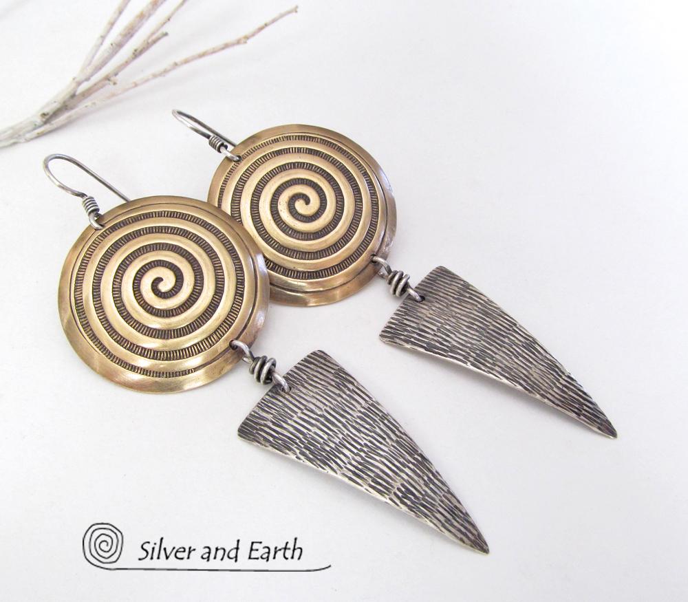 Sterling Silver & Brass Earrings with Spiral Design -Contemporary Modern Jewelry