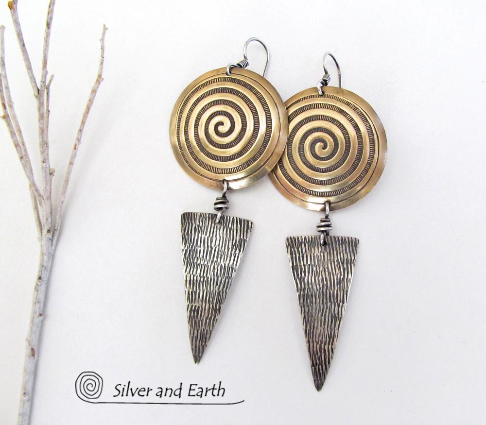 Sterling Silver & Brass Earrings with Spiral Design -Contemporary Modern Jewelry