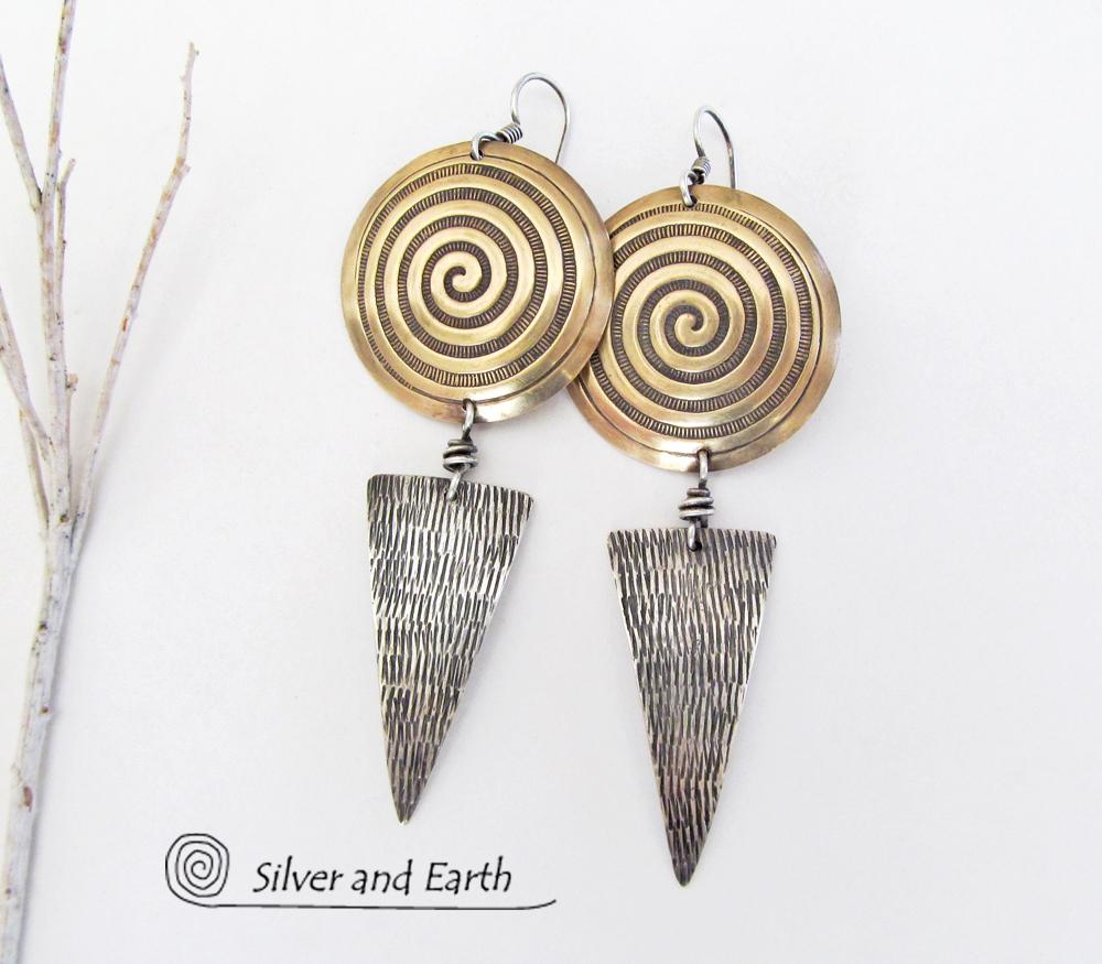 Sterling Silver & Brass Earrings with Spiral Design -Contemporary Modern Jewelry