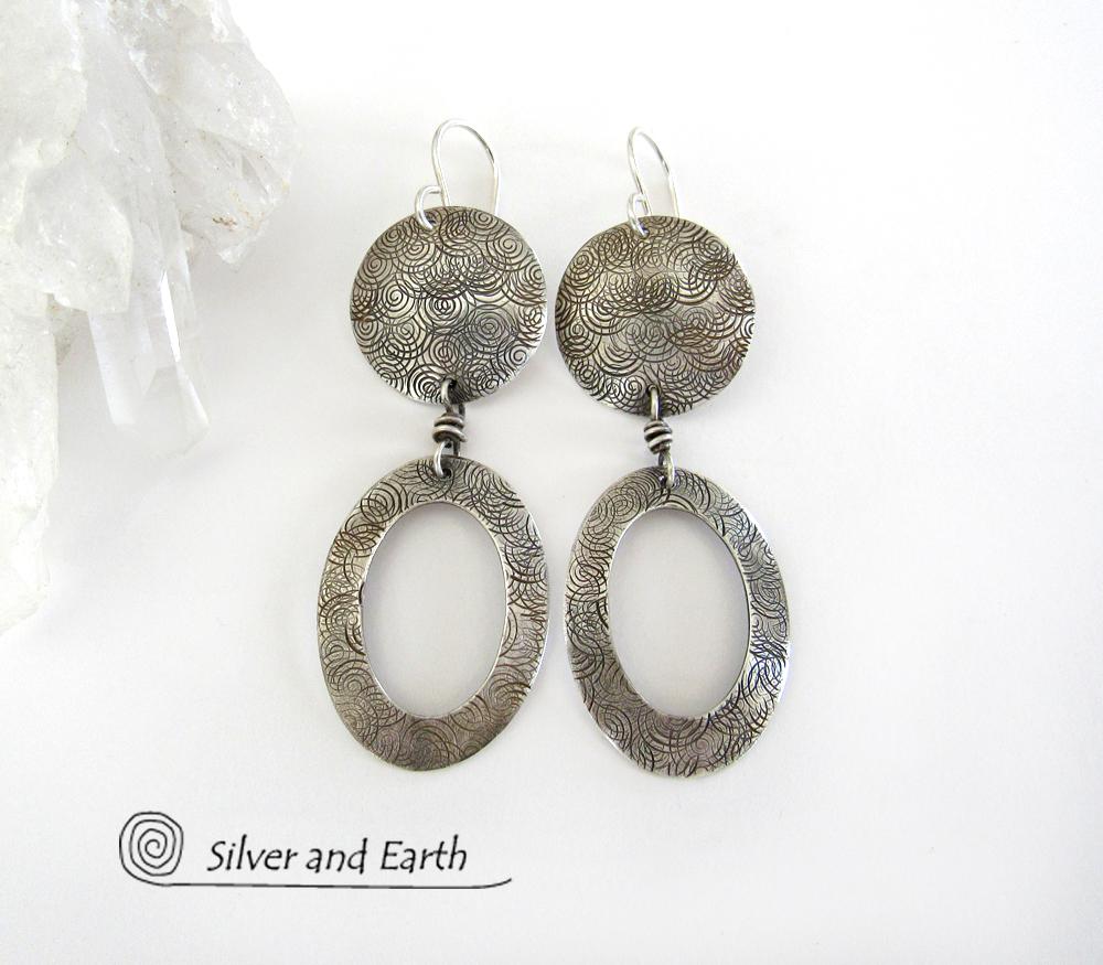 Textured Sterling Silver Hoop Dangle Earrings - Stylish Modern Everyday Jewelry