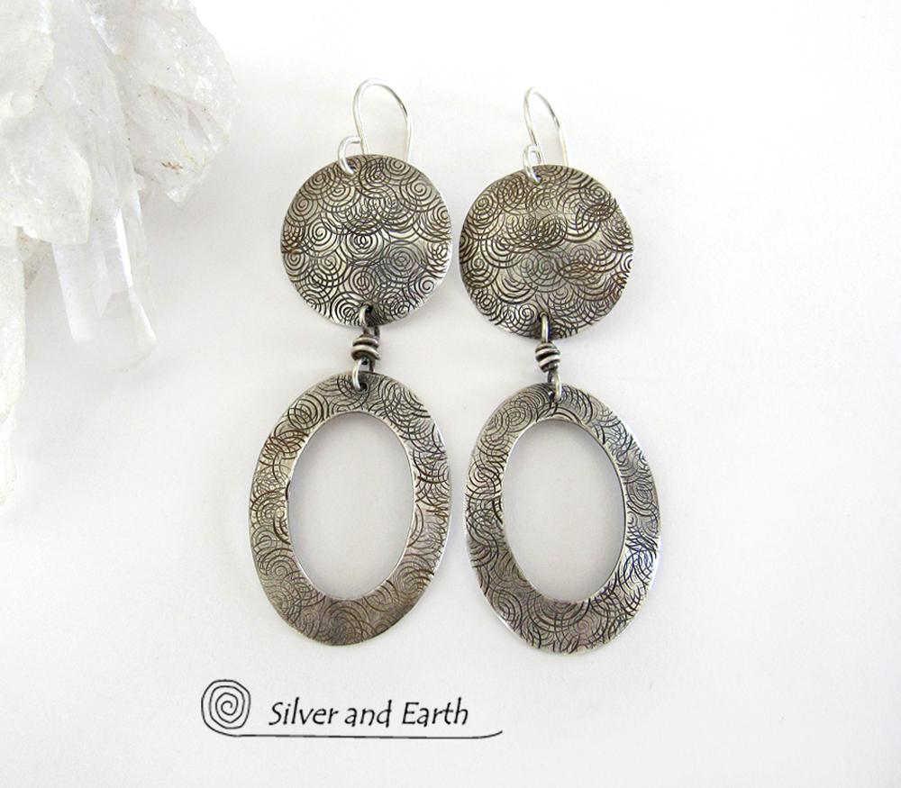 Textured Sterling Silver Hoop Dangle Earrings - Stylish Modern Everyday Jewelry