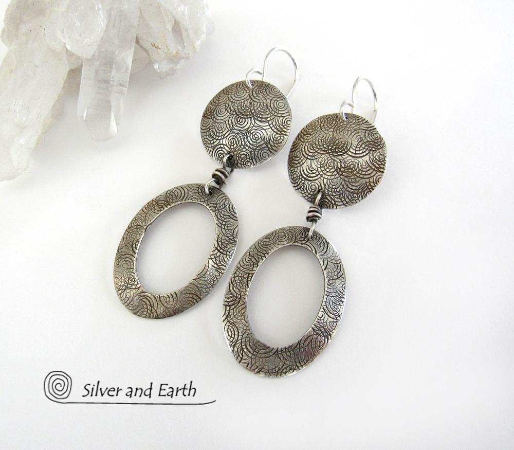 Textured Sterling Silver Hoop Dangle Earrings - Stylish Modern Everyday Jewelry