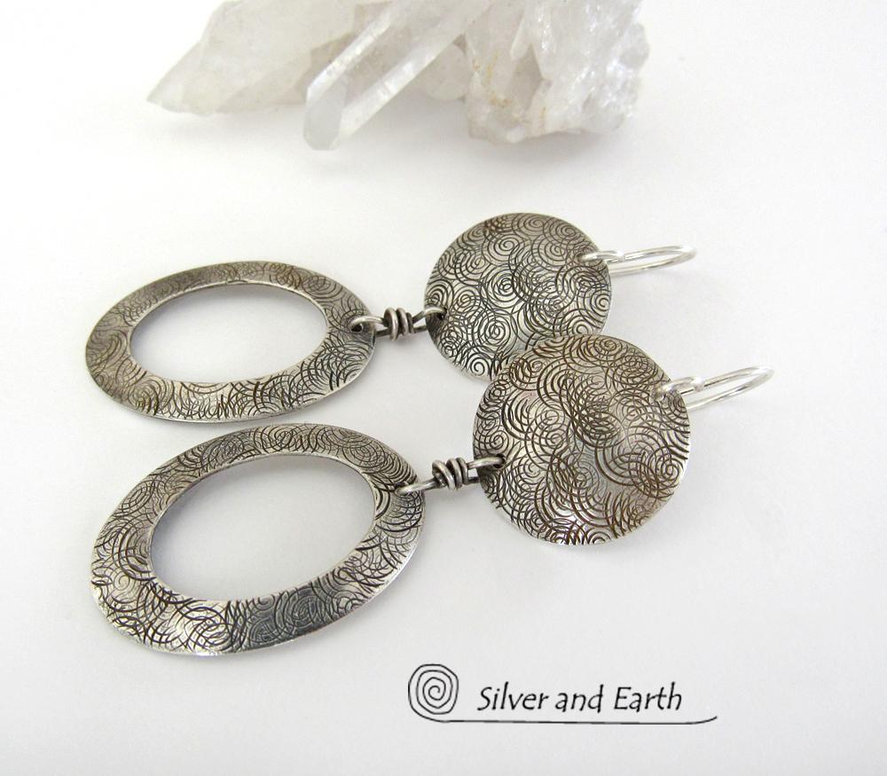 Textured Sterling Silver Hoop Dangle Earrings - Stylish Modern Everyday Jewelry