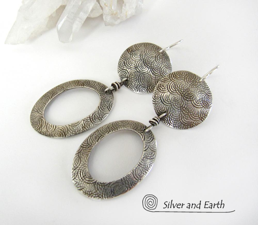 Textured Sterling Silver Hoop Dangle Earrings - Stylish Modern Everyday Jewelry