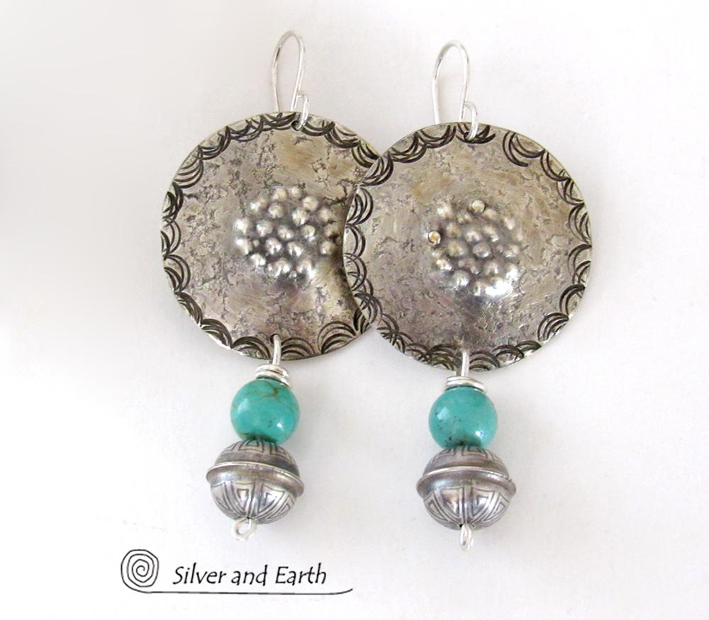 Turquoise & Sterling Silver Concho Earrings - Modern Southwestern Style Jewelry