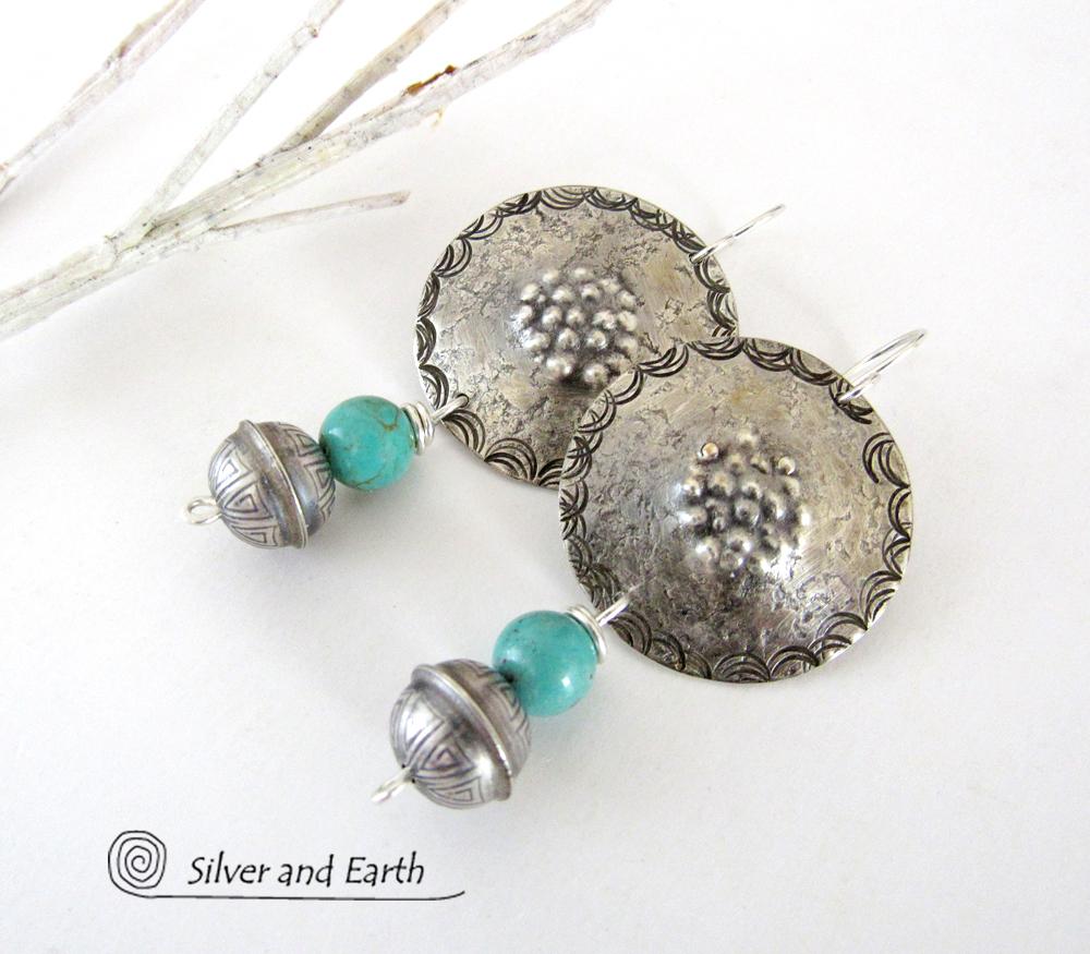 Turquoise & Sterling Silver Concho Earrings - Modern Southwestern Style Jewelry