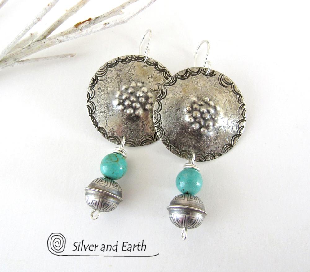 Turquoise & Sterling Silver Concho Earrings - Modern Southwestern Style Jewelry