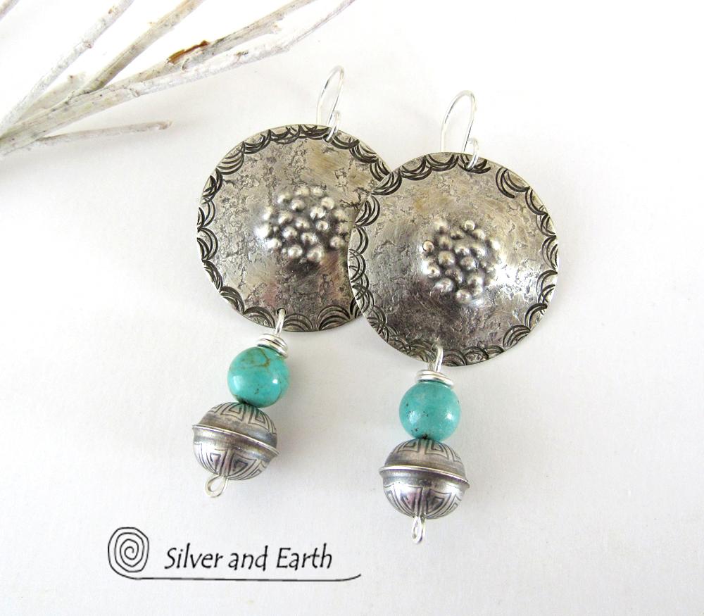 Turquoise & Sterling Silver Concho Earrings - Modern Southwestern Style Jewelry