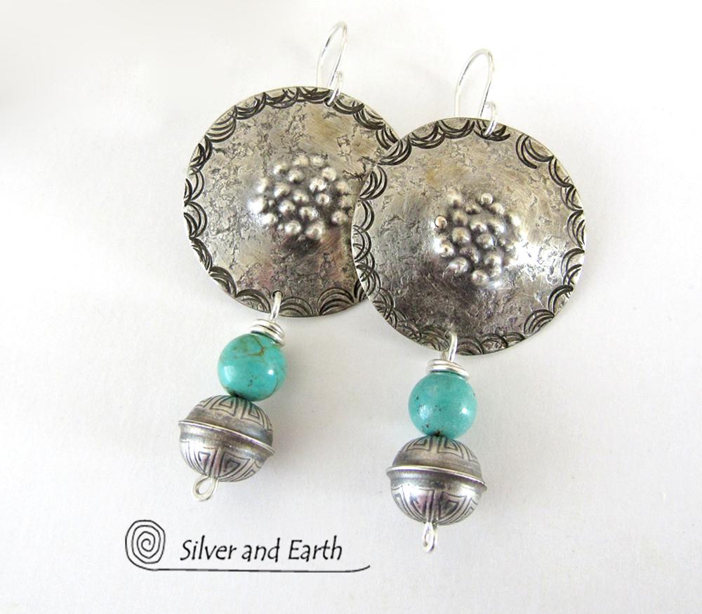 Turquoise & Sterling Silver Concho Earrings - Modern Southwestern Style Jewelry