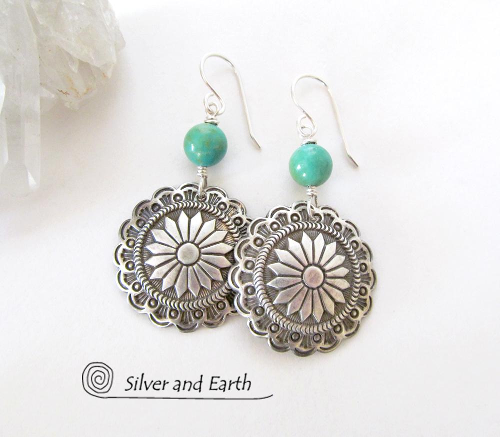 Sterling Silver Concho Earrings with Turquoise - Southwestern Jewelry