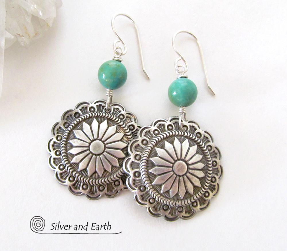 Sterling Silver Concho Earrings with Turquoise Southwestern