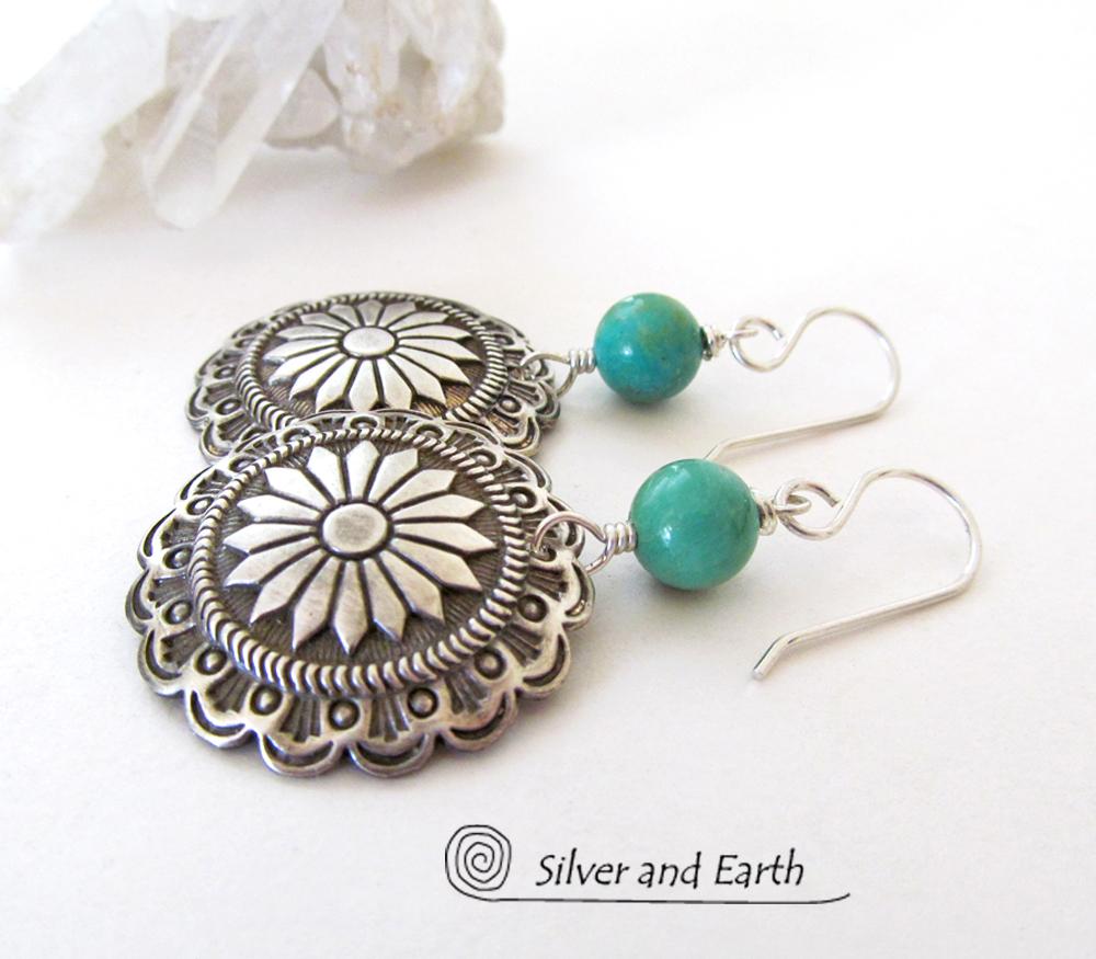 Sterling Silver Concho Earrings with Turquoise - Southwestern Jewelry