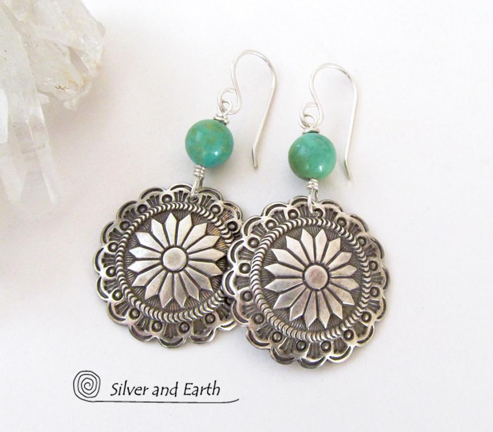 Sterling Silver Concho Earrings with Turquoise - Southwestern Jewelry