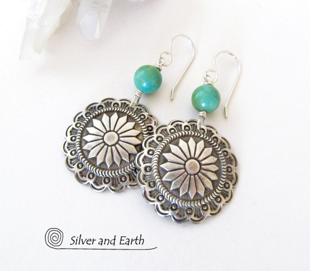 Sterling Silver Concho Earrings with Turquoise - Southwestern Jewelry