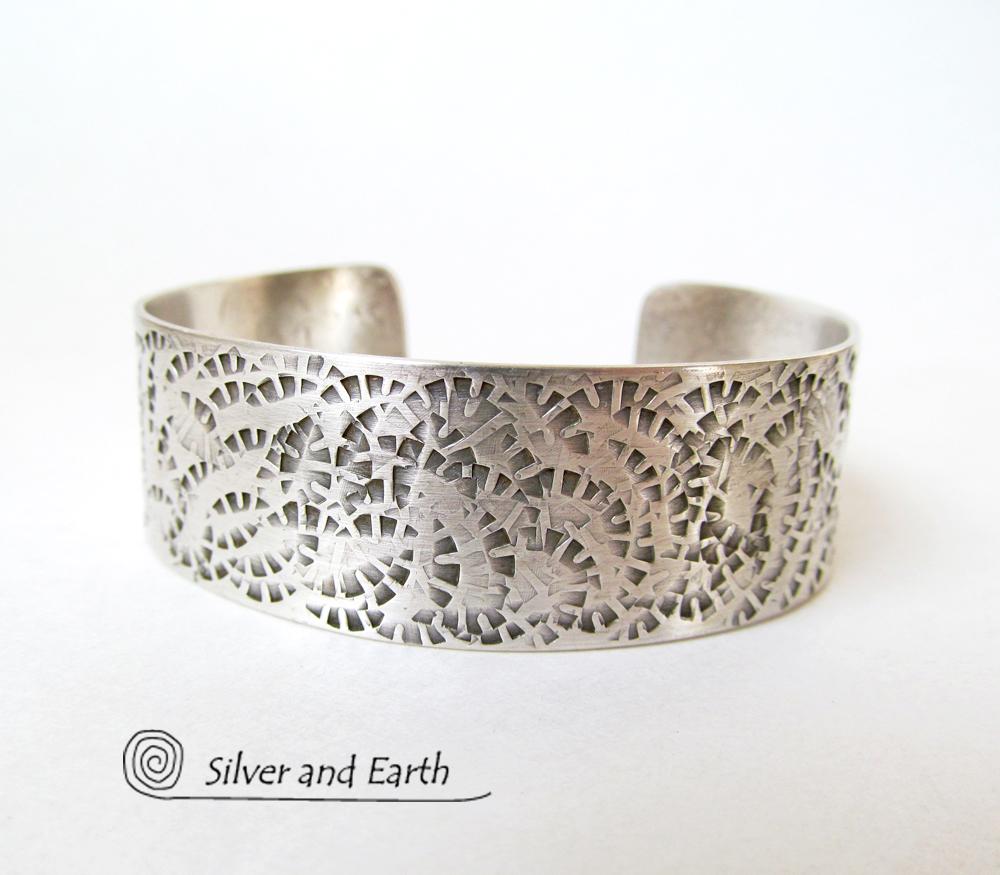 Textured Sterling Silver Cuff Bracelet - Unisex Jewelry for Men or Women