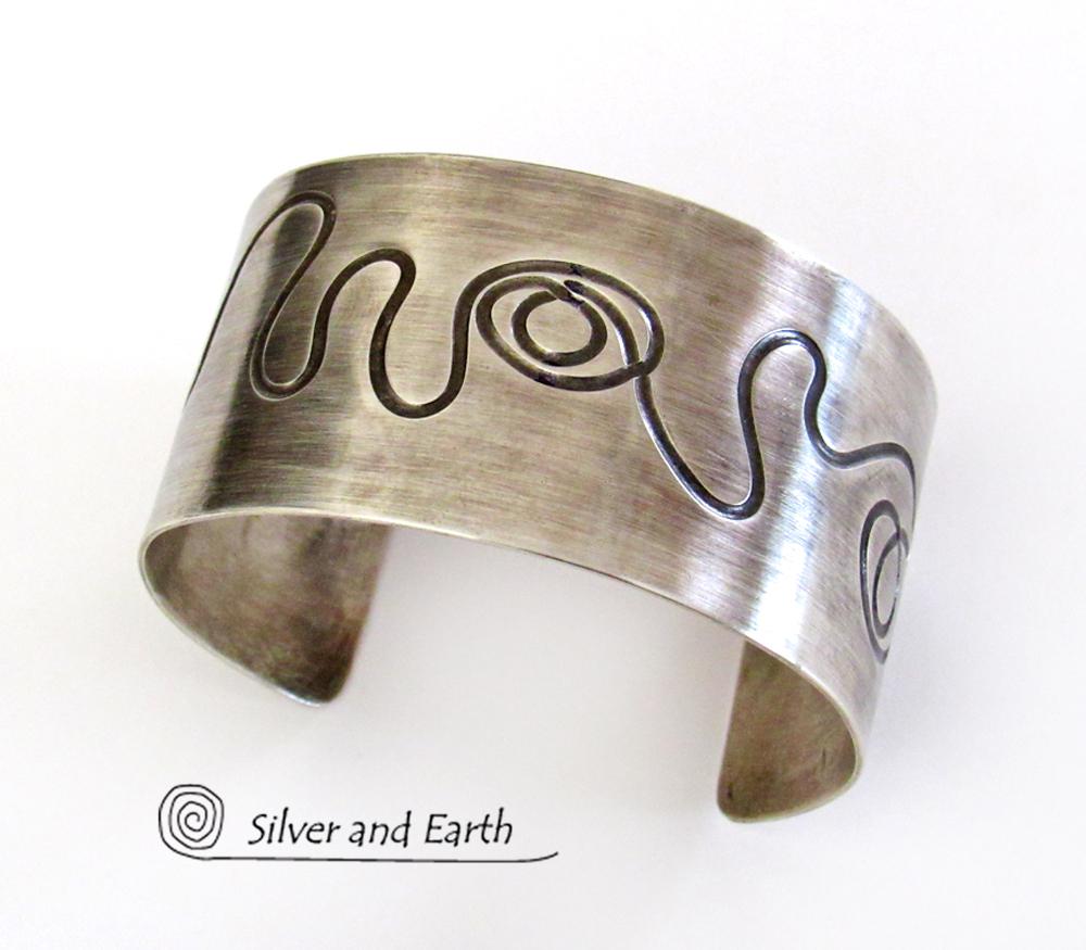 Sterling Silver Cuff Bracelet with Unique Texture - Contemporary Modern Silver