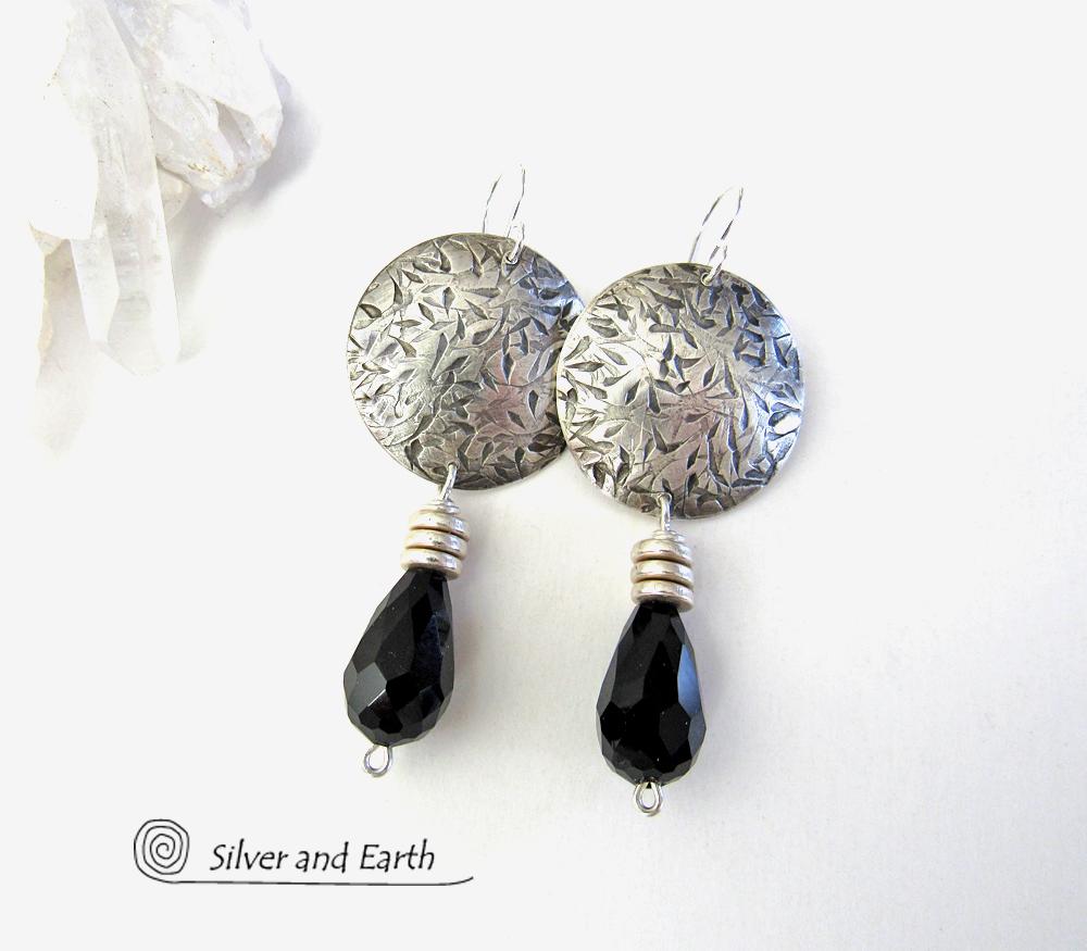 Sterling Silver Earrings with Black Crystals - Elegant Modern Silver Jewelry