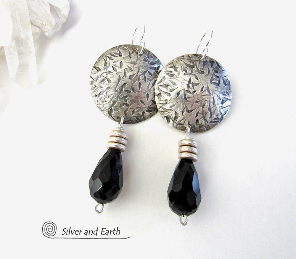 Sterling Silver Earrings with Black Crystals - Elegant Modern Silver Jewelry