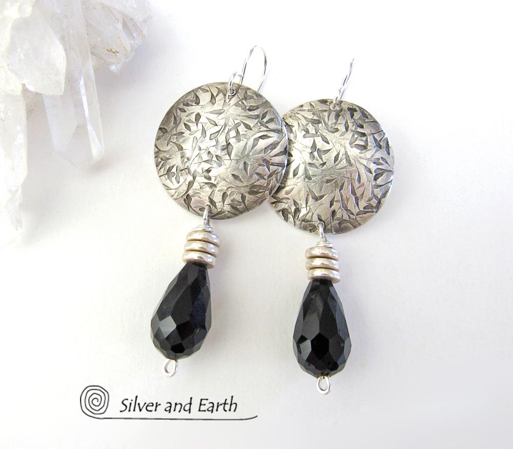Sterling Silver Earrings with Black Crystals - Elegant Modern Silver Jewelry