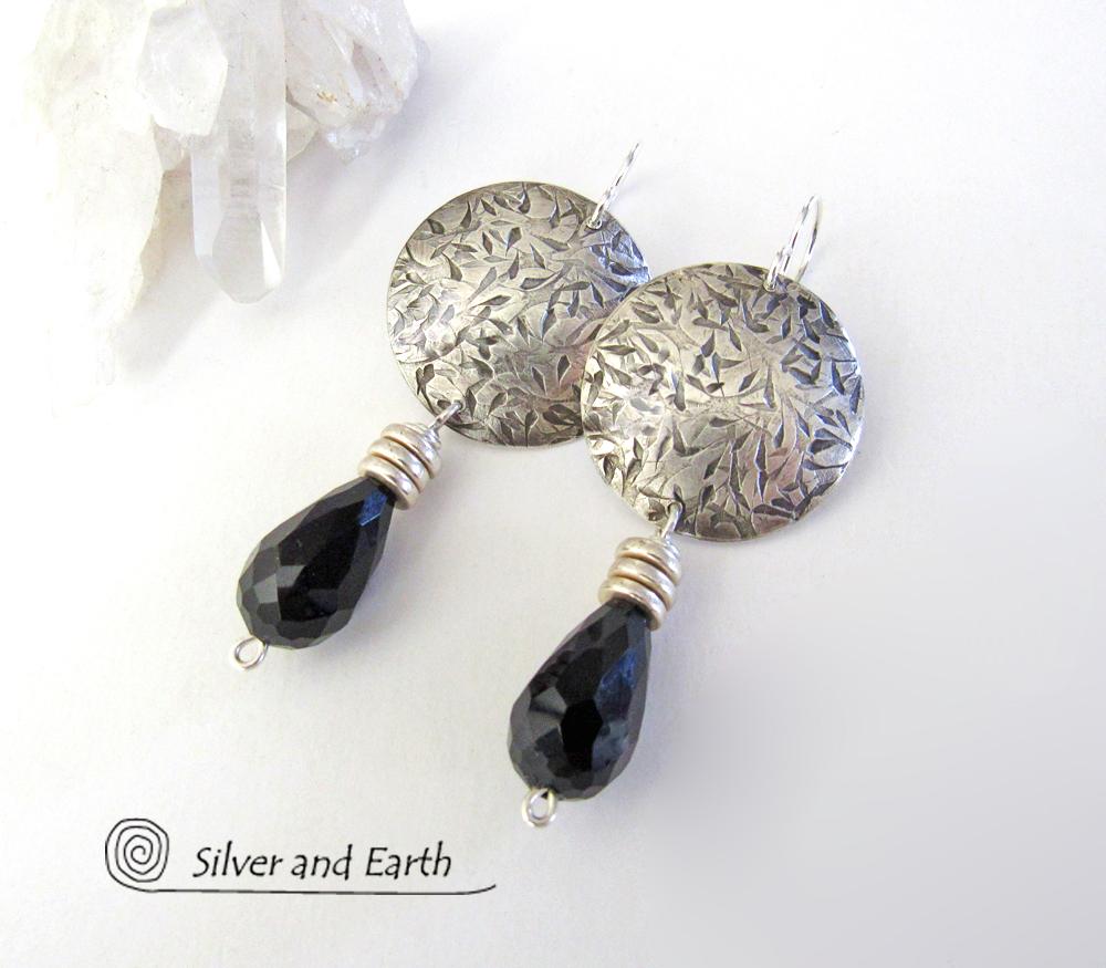 Sterling Silver Earrings with Black Crystals - Elegant Modern Silver Jewelry