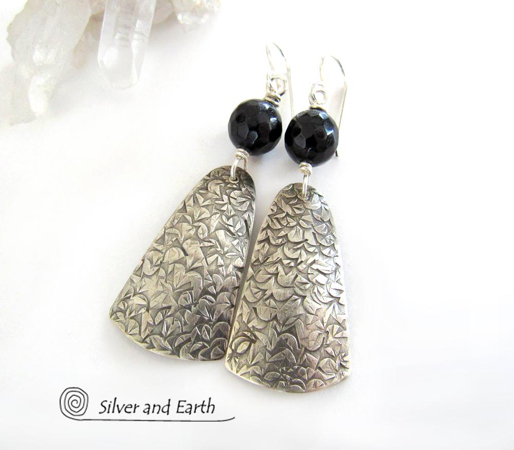 Modern Sterling Silver Earrings with Black Onyx Gemstones