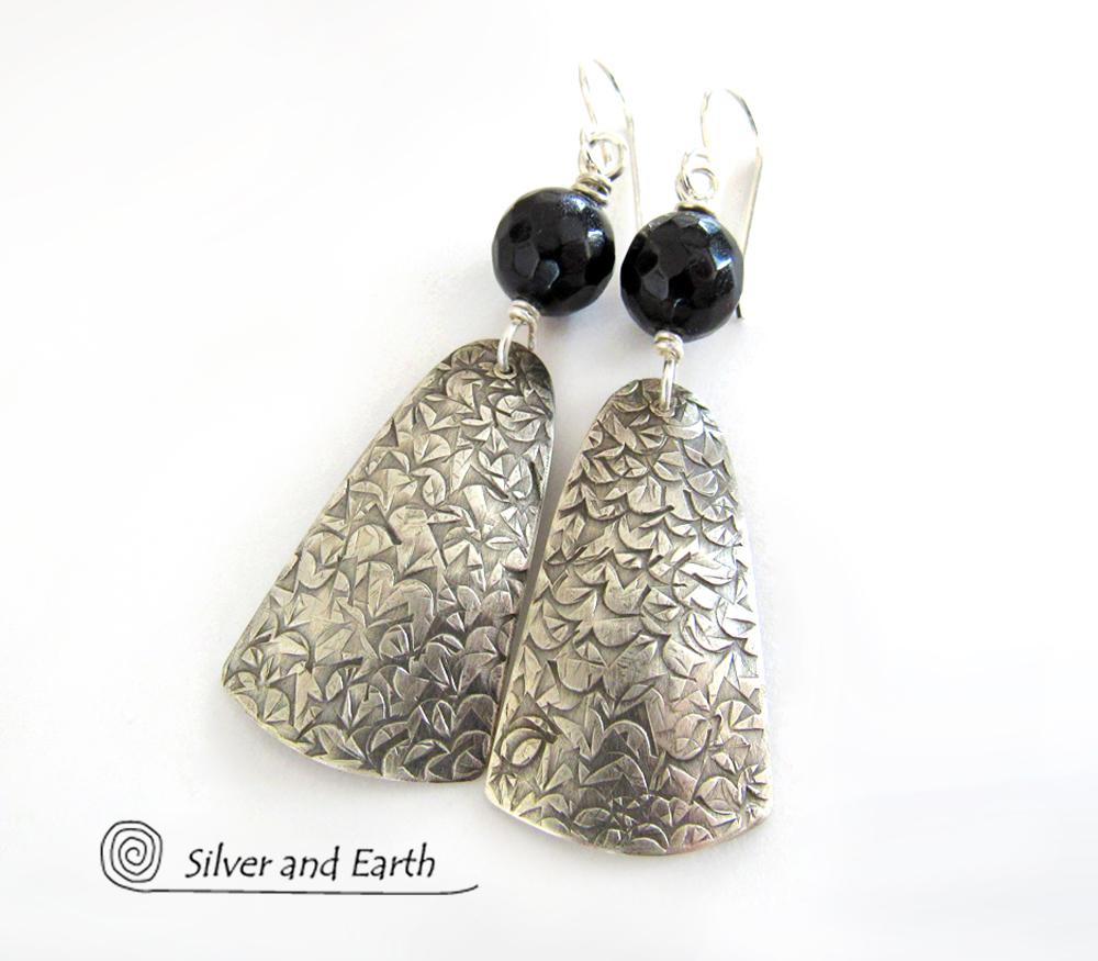 Modern Sterling Silver Earrings with Black Onyx Gemstones