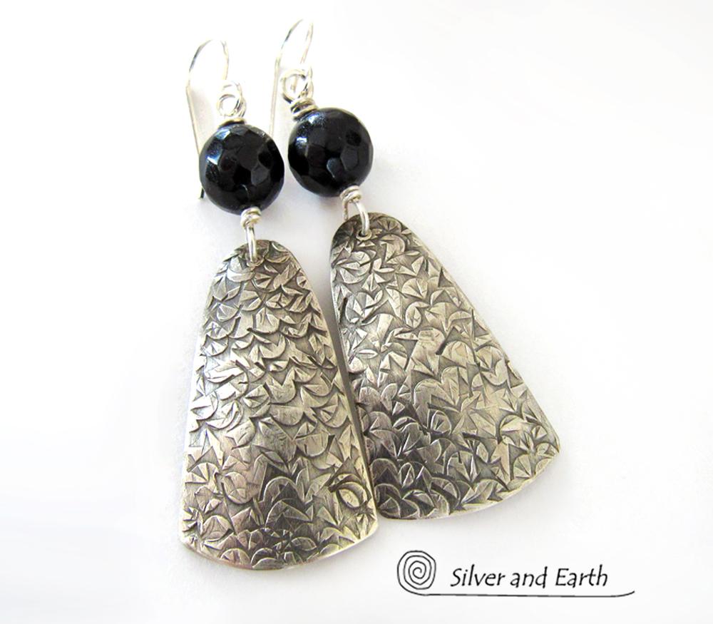 Modern Sterling Silver Earrings with Black Onyx Gemstones