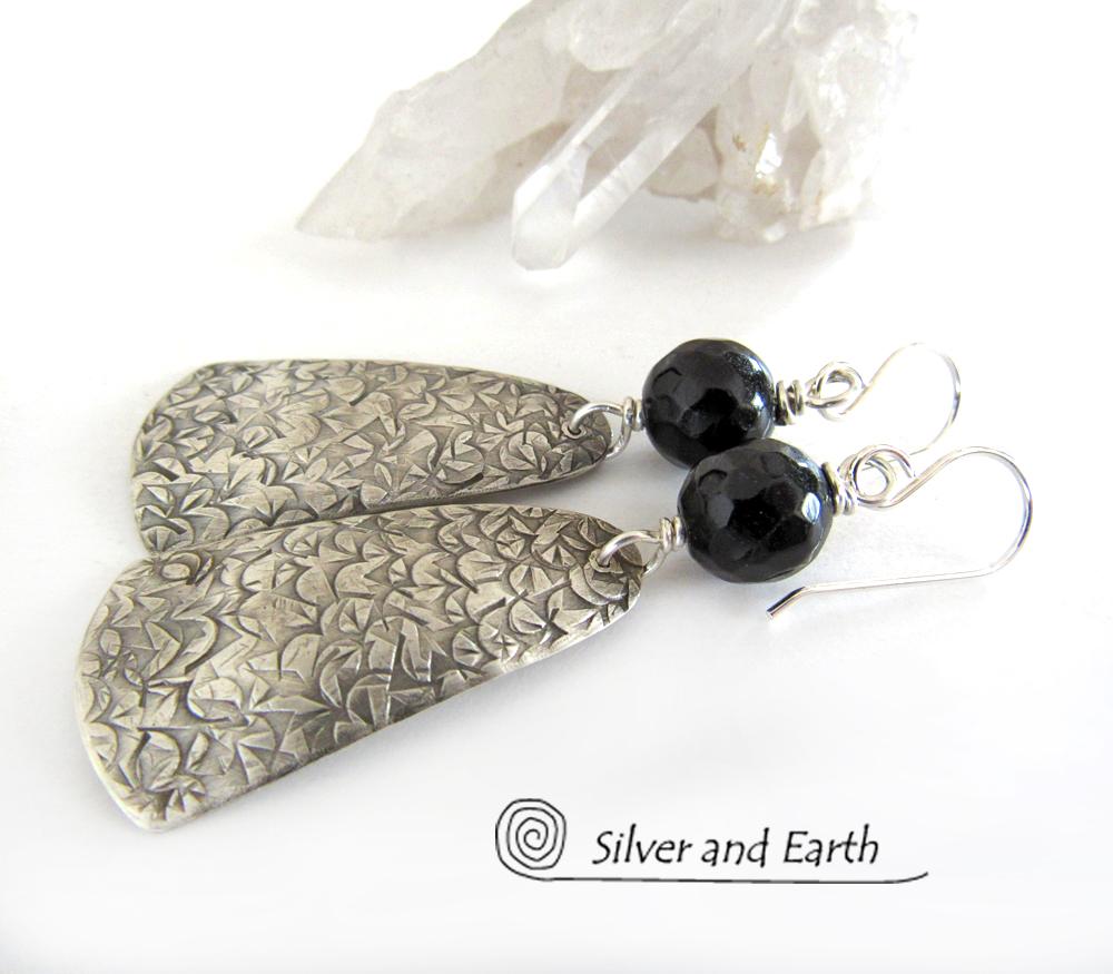 Modern Sterling Silver Earrings with Black Onyx Gemstones