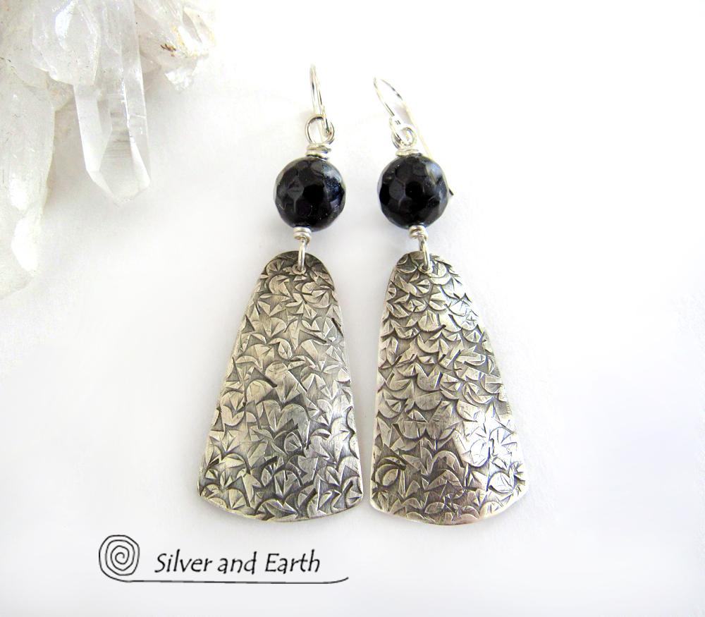 Modern Sterling Silver Earrings with Black Onyx Gemstones