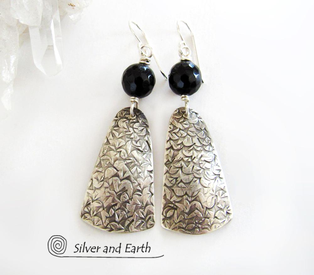 Modern Sterling Silver Earrings with Black Onyx Gemstones
