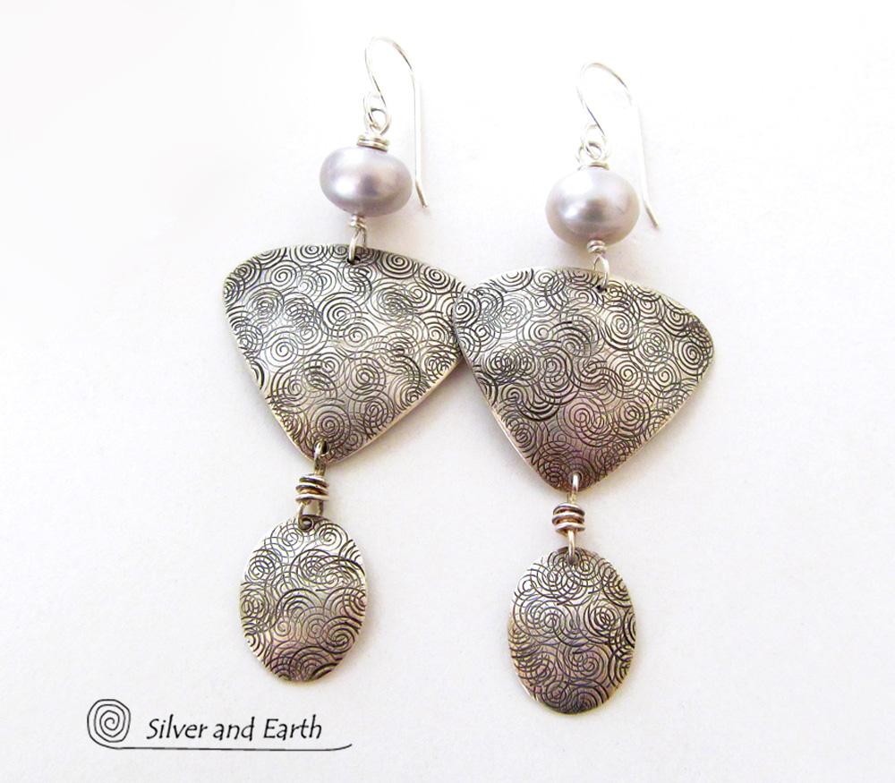 Sterling Silver Earrings with Grey Pearls - Contemporary Modern Silver Jewelry