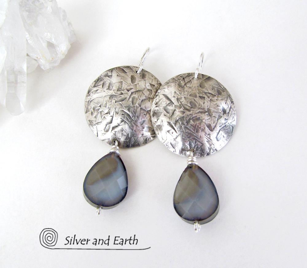 Modern Sterling Silver Earrings with Faceted Crystal Glass Dangles