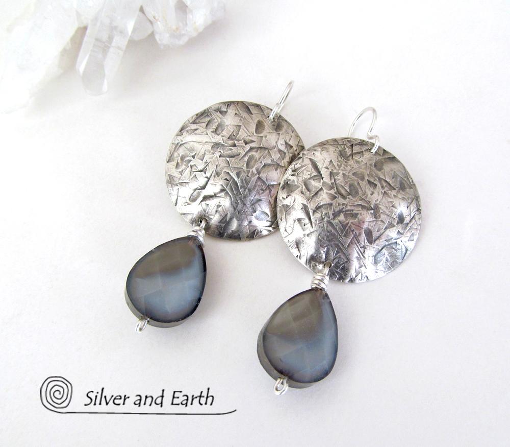 Modern Sterling Silver Earrings with Faceted Crystal Glass Dangles