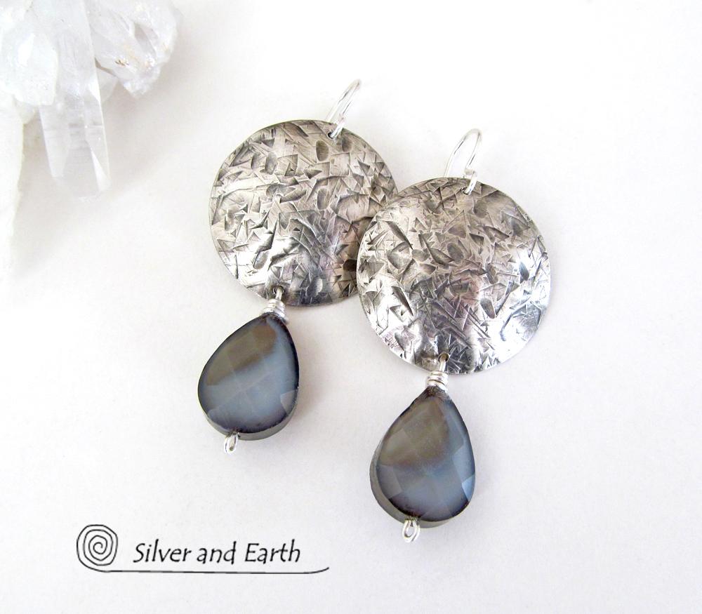 Modern Sterling Silver Earrings with Faceted Crystal Glass Dangles