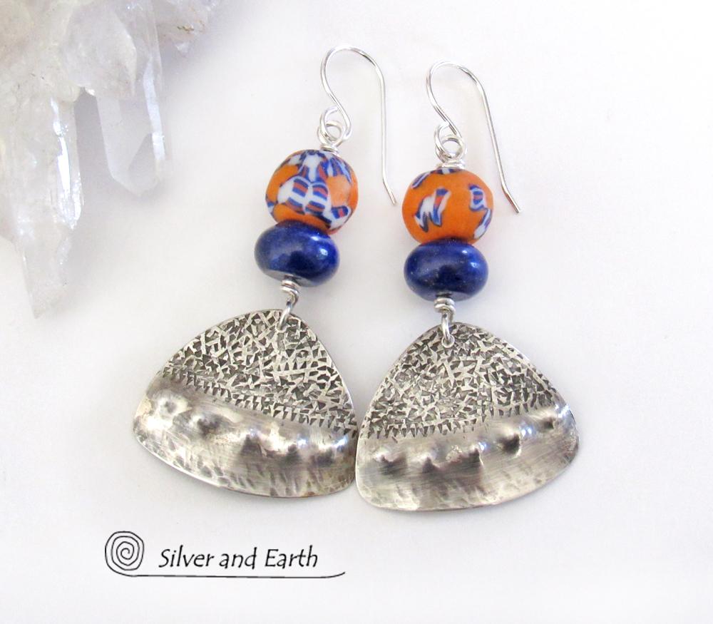 Boho Chic Sterling Silver Earrings with Blue Orange African Glass Beads & Lapis