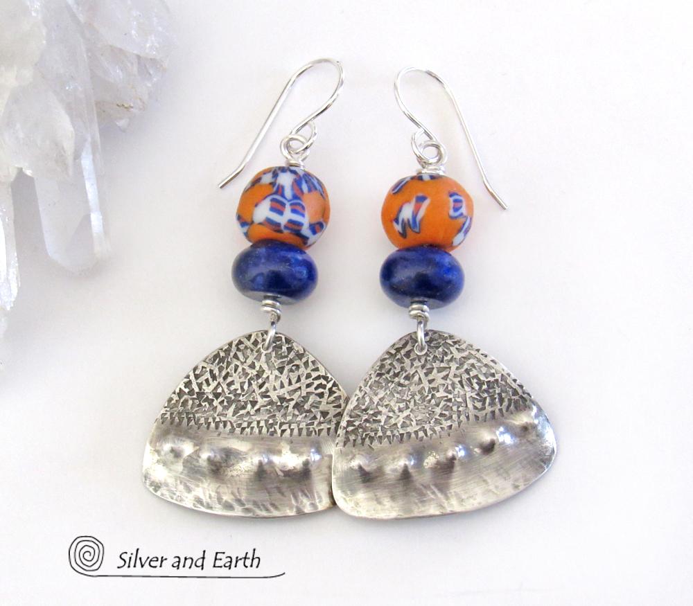 Boho Chic Sterling Silver Earrings with Blue Orange African Glass Beads & Lapis