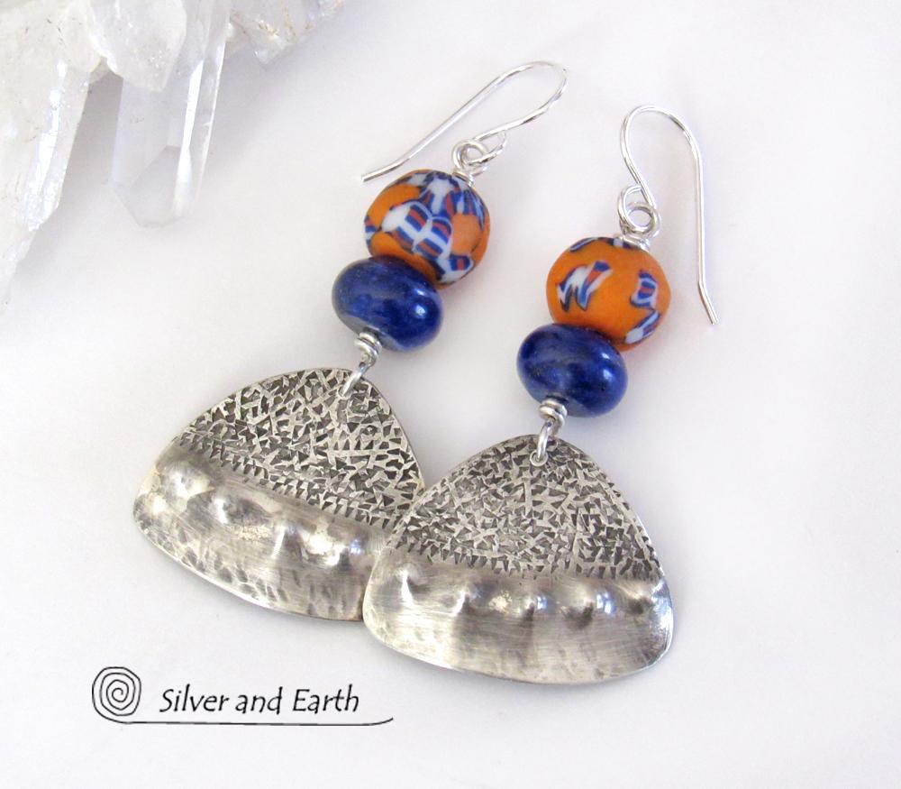 Boho Chic Sterling Silver Earrings with Blue Orange African Glass Beads & Lapis