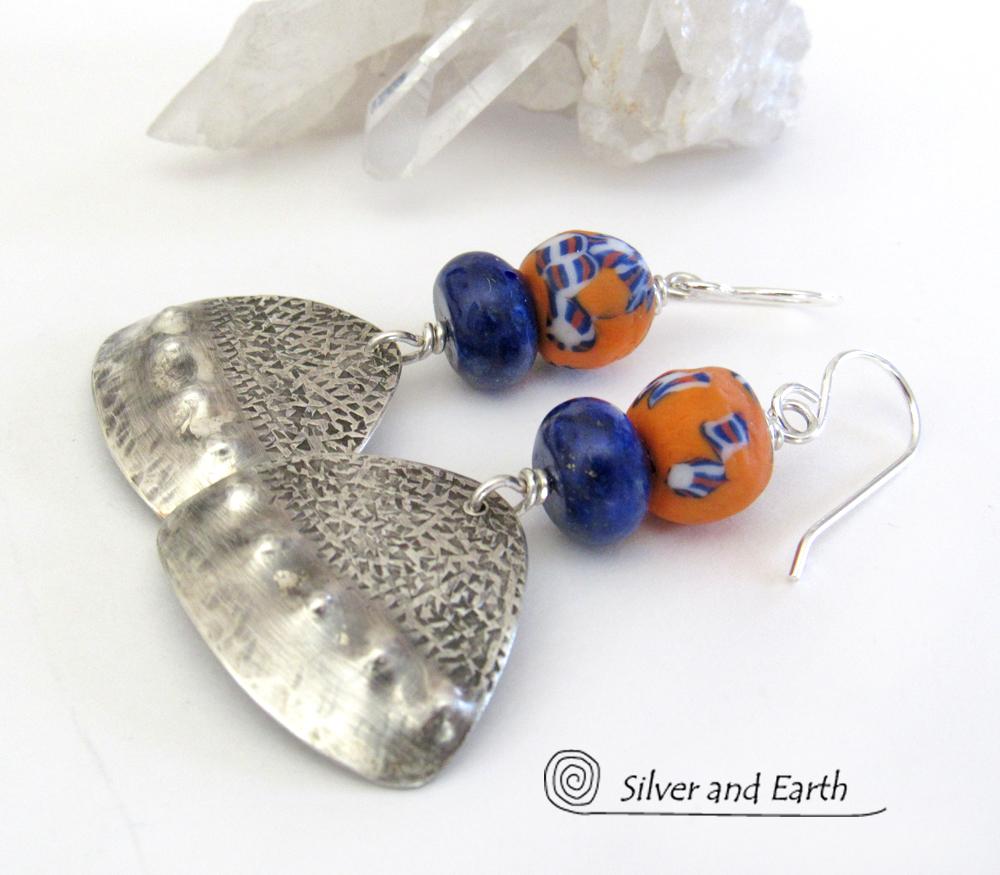 Boho Chic Sterling Silver Earrings with Blue Orange African Glass Beads & Lapis