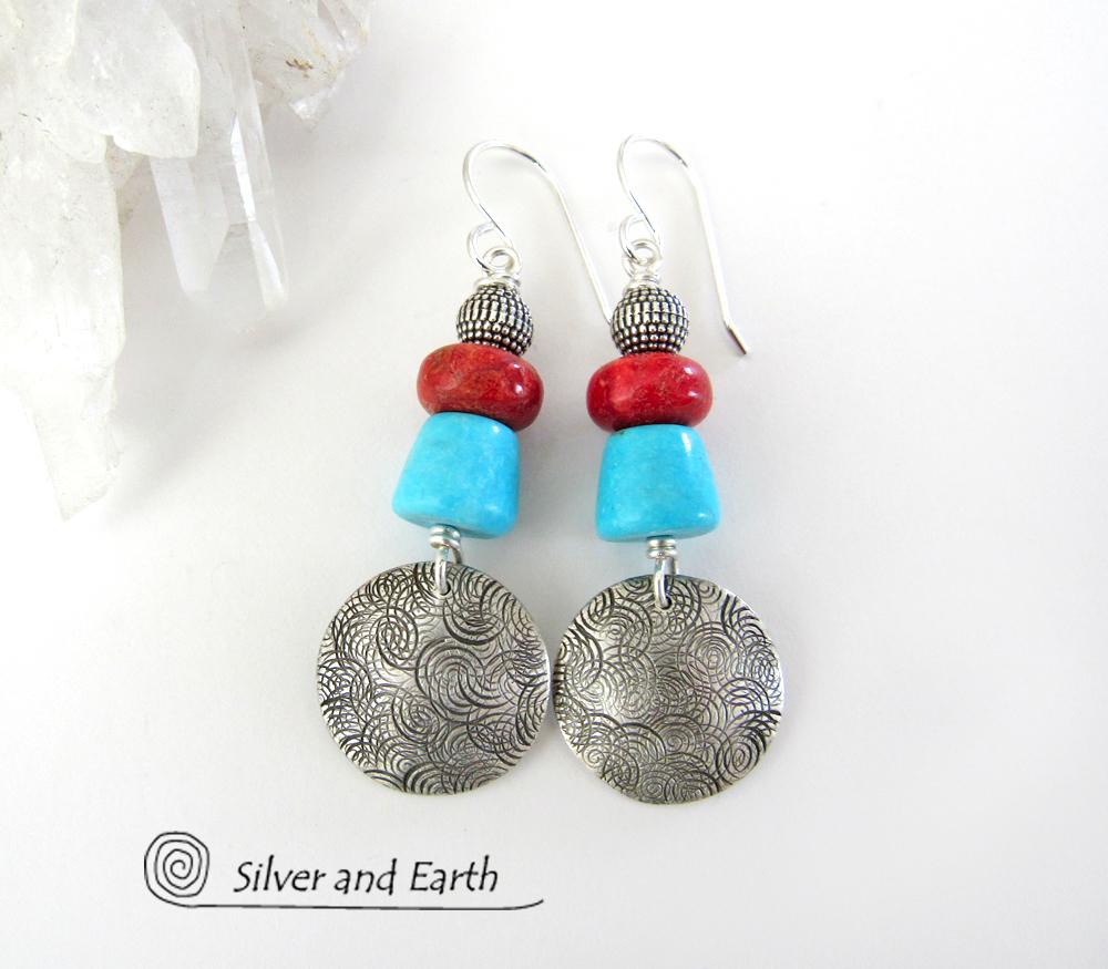 Sterling Silver Earrings with Sleeping Beauty American Turquoise & Red Coral