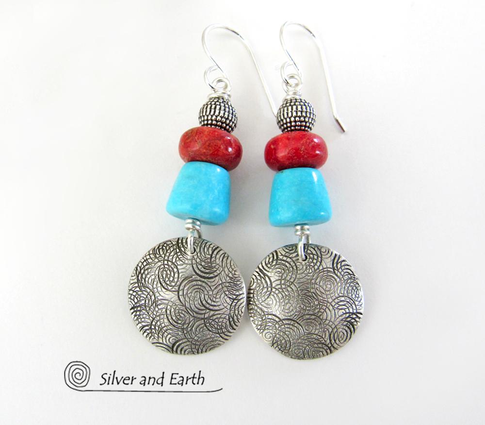 Sterling Silver Earrings with Sleeping Beauty American Turquoise & Red Coral