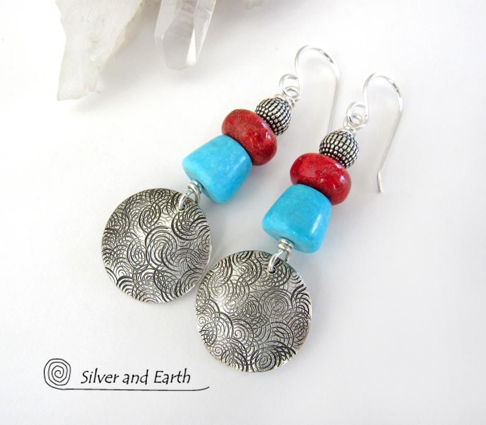 Sterling Silver Earrings with Sleeping Beauty American Turquoise & Red Coral