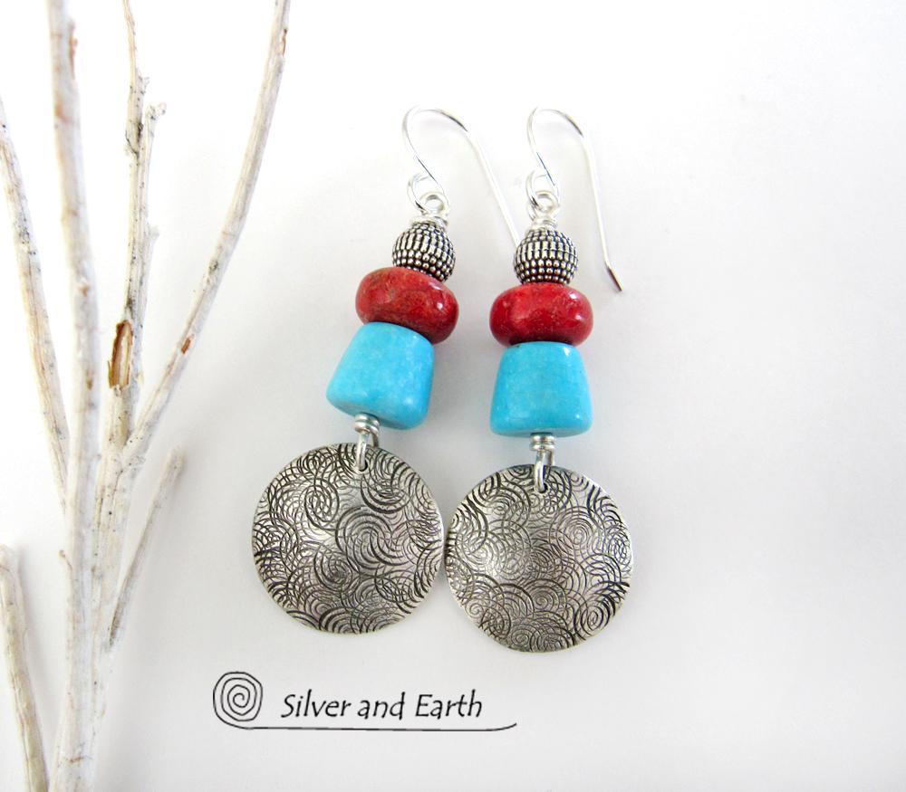 Sterling Silver Earrings with Sleeping Beauty American Turquoise & Red Coral