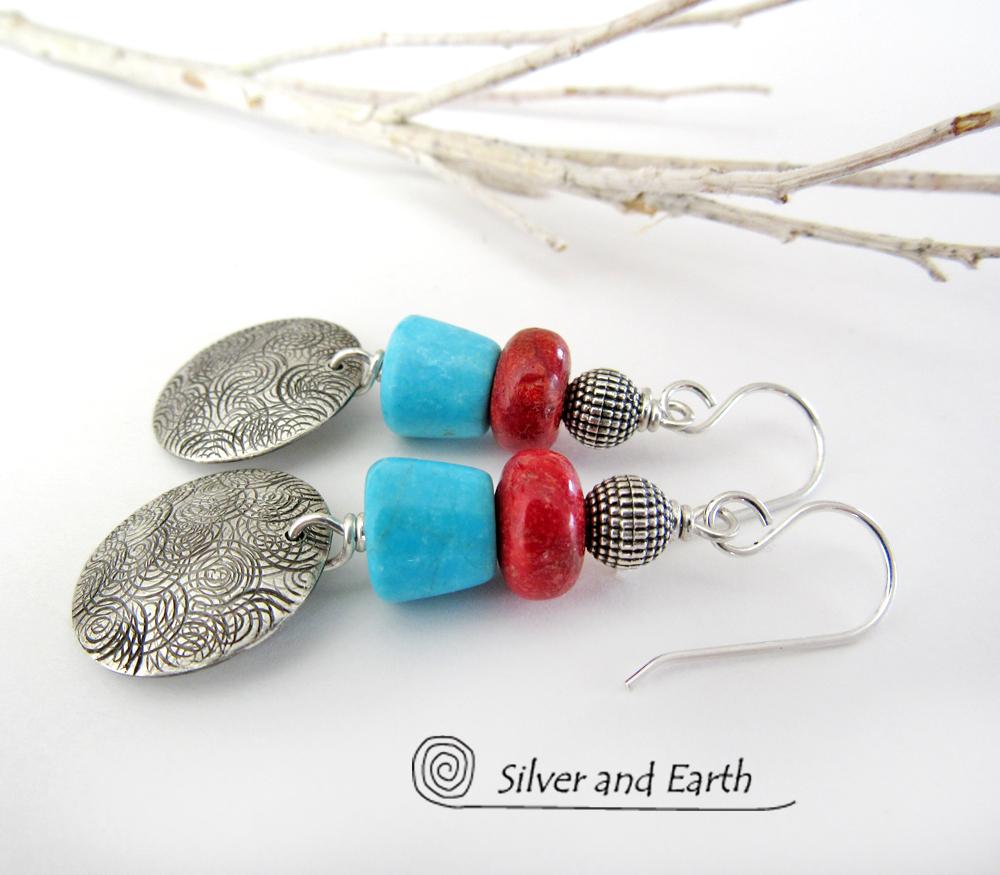 Sterling Silver Earrings with Sleeping Beauty American Turquoise & Red Coral