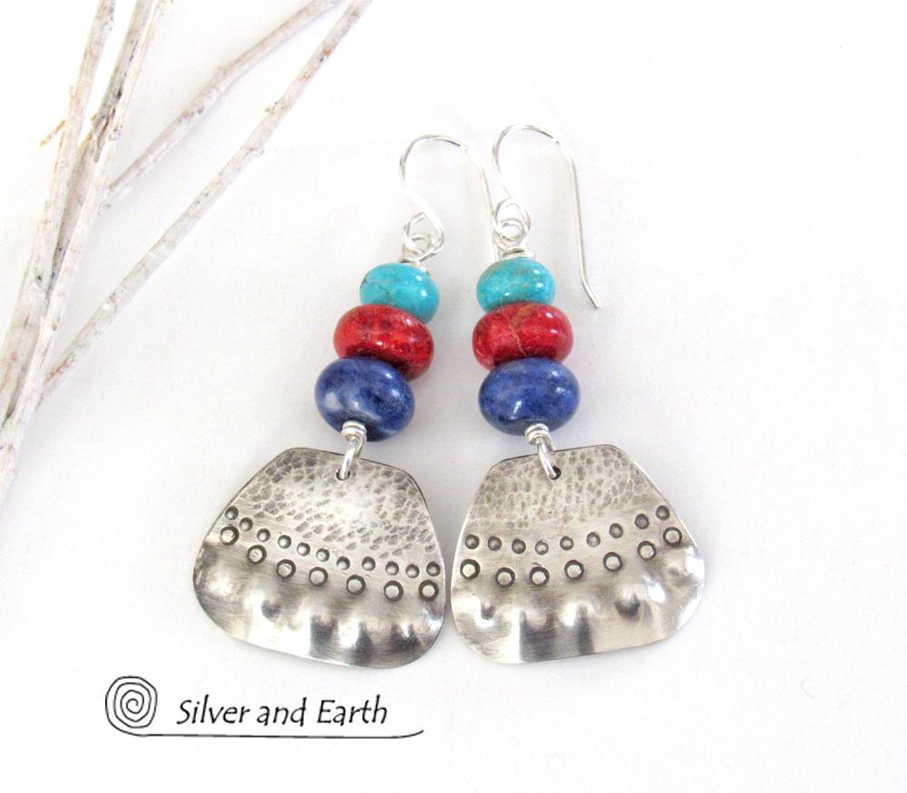Sterling Silver Earrings with Turquoise, Coral & Sodalite - Multi-Stone Jewelry