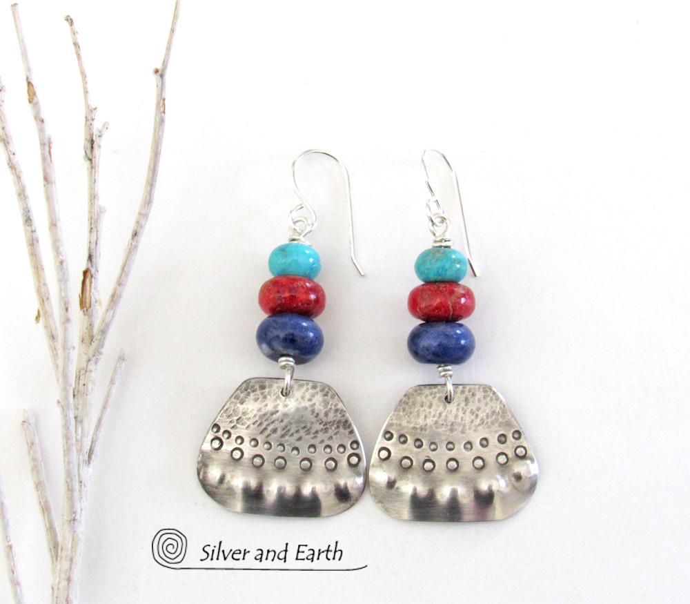 Sterling Silver Earrings with Turquoise, Coral & Sodalite - Multi-Stone Jewelry